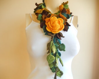 Autumn Crochet Scarf-Gifted Grandmas ,Leaves  Necklace Scarf-Multicolor Lariat Scarf-Shades of Green Scarf-Vegan Scarf-2 pieces- 85989