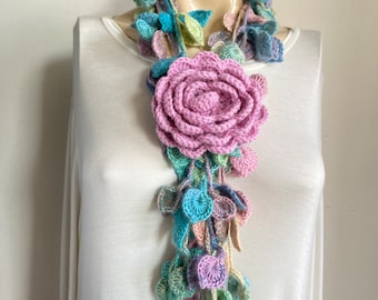 Rose Crochet Scarf-Leaves  Necklace Scarf-Multicolor Lariat-Shades of Pink and Blue Neck Accessory -Vegan Scarf-2 pieces