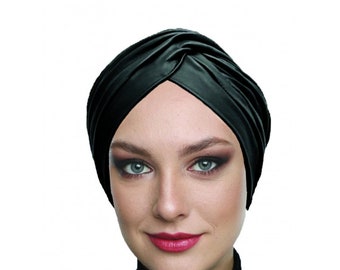 Black Leather Turban-Black Turban-Cross Turban -Faux Leather Turban- Pleated head wrap- Leather cap