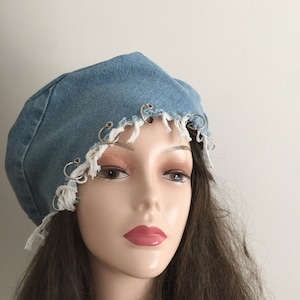 Boho hippie clothing- distressed denim Cap- french beret- ladies cotton beret- frayed beret with eyelets and metal rings- Bohemian Style hat