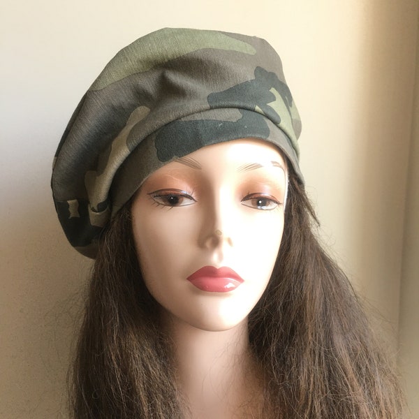 Camouflage French beret- summer fall beanie-ladies cotton  beret- camo army print  olive green cap- summer military accessories-