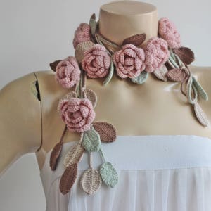 Rose Flower Jewelry Necklace- Lariat Scarf- Crochet Neck Accessory for Women-Birthday, Anniversary Neck Gift- Chunky Neckwarmer-Earth tones
