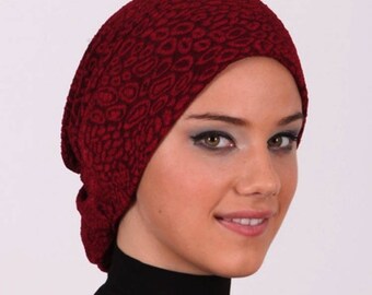 Turban headwrap, Burgundy Turban, Winter Turban Cap with Hair Bun Wrap-Brocade Turban Headband /Bohemian Burgundy Turban Hat