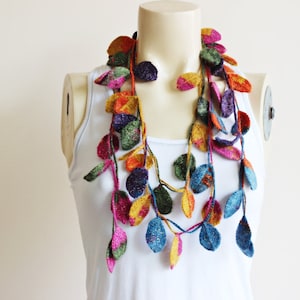 Leaves Necklace Scarf-Multicolor Lariat Scarf-Necklace Lariat Scarf-Mohair Crochet Scarf with Glitter- Autumn  Scarf