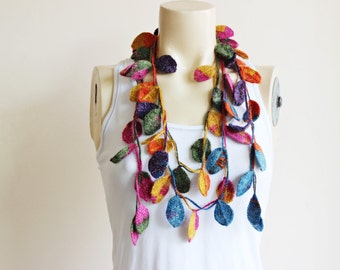 Leaves Necklace Scarf-Multicolor Lariat Scarf-Necklace Lariat Scarf-Mohair Crochet Scarf with Glitter- Autumn  Scarf