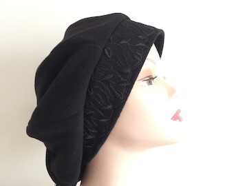 Black Fleece Beret Hat- beanie for women- chemo cap- Oversize  for large head- headcovere- Xmas gifts for her- Tam- France- Scotland Slouchy