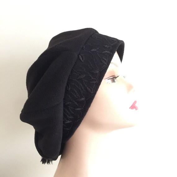 Black Fleece Beret Hat- Beanie for Women- Chemo Cap  display picture 1