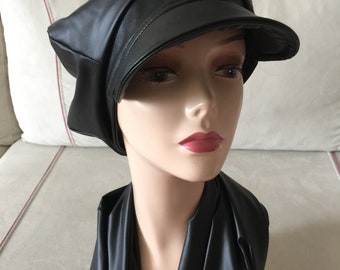 Black Leather Hat- Hat and Scarf Set-Newsboy Hat Women -Leather Hat Woman- Hippie Hat- Boho Hat -Dreadlocks Hat-Slouchy Beanie Hat -Rain Hat