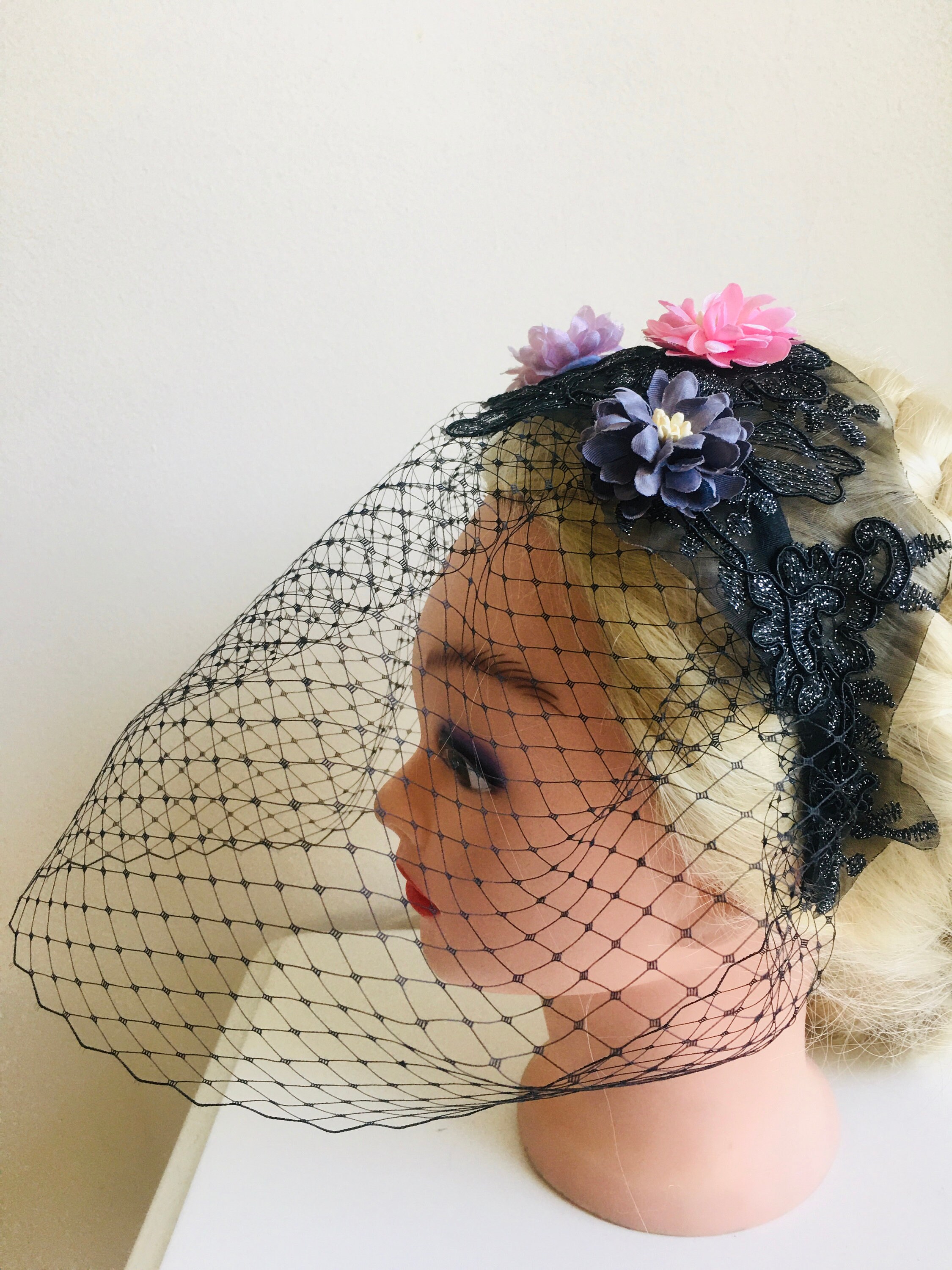 Black Birdcage Veil With Flowers- Funeral Headpiece- Gothic 