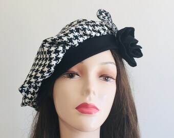 White and black beret- Scottish Hat- Womens Summer Beret- Tam French- Houndstooth -Summer fall beanie- Lightweight  Checkered veiled hat
