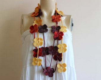 Autumn Crochet Scarf-Flower Necklace Scarf-Multicolor Lariat Scarf-Necklace Lariat Scarf-Brown,Yellow,Rust Scarf