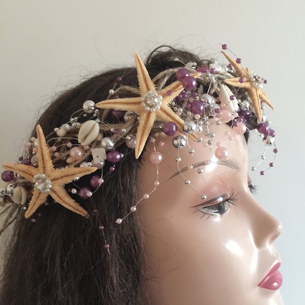 Halloween crown- Starfish Hairband- Beach Wedding Hair accessory- Mermaid Hairpiece- Shell Crown- Seashell Tiara- silver purple salmon