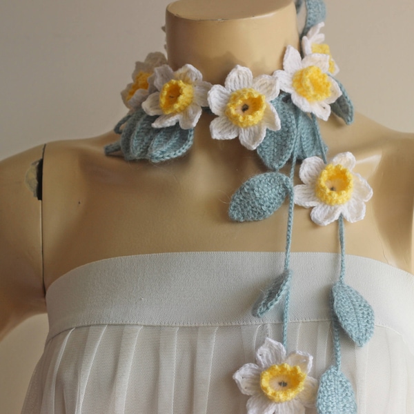 Daffodil Crochet Necklace- Flower Lariat Scarf- Jewelry Scarf- White Daffodil jonquil Narcissus  scarf-long distance gift- neck piece flower