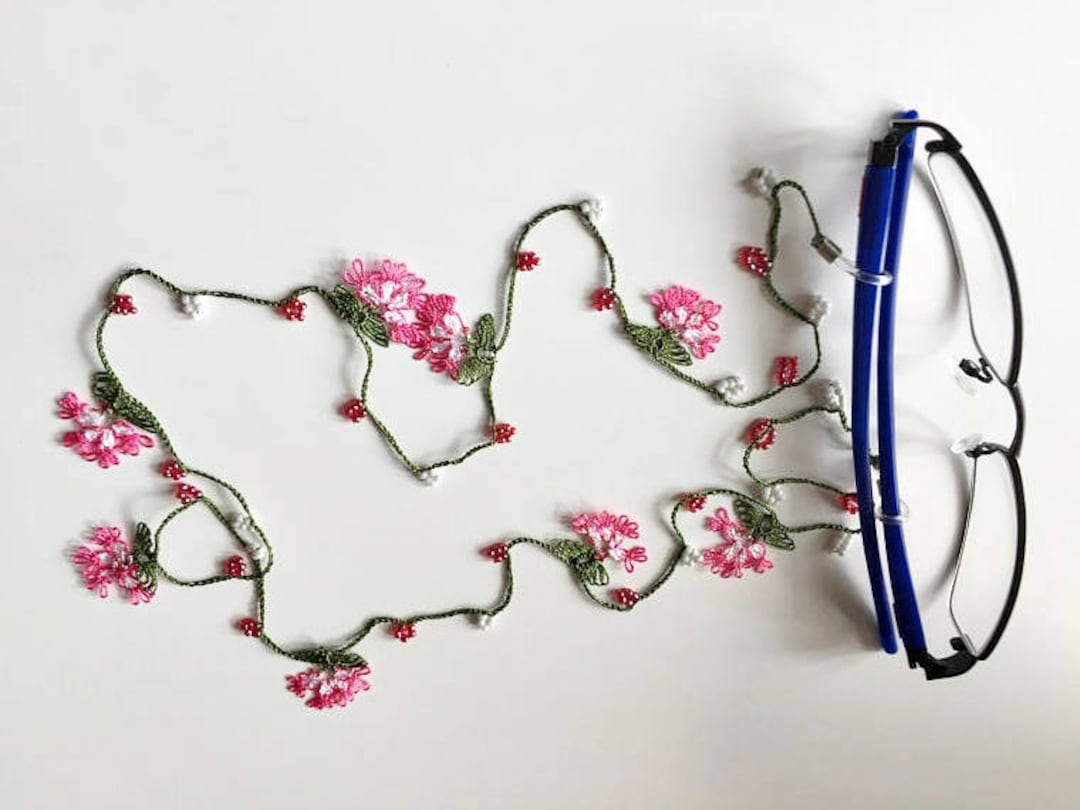 Pink Eye Glasses Chain, Spectacle Chain, Pink White Spectacle Holder, Needle Craft Chain, Green