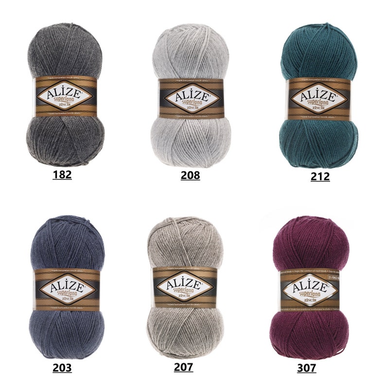 May include: Six skeins of yarn in different colors. The yarn is labeled "ALIZE superlana zincin". The colors are gray, light gray, teal, dark blue, beige, and burgundy.