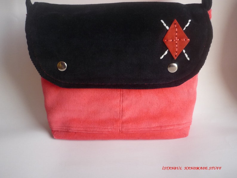 Mini Messenger Bag Navy and Coral Corduroy with Diamond Leather Adjustable Strap