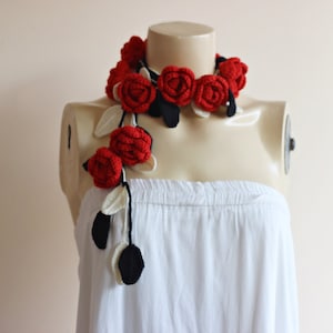 Red Rose Flowers Jewelry- Flower Rose Necklace-Lariat scarf- Crochet Neck Accessory for Women-  Symbols of love- valentine day gift for her