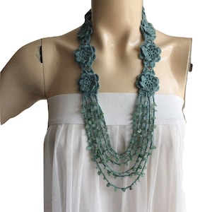 Crochet Necklace-Seafoam  Necklace-Seafoam Crochet Flower Necklace-Jade Stone Necklace -summer scarf necklace