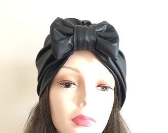 Black  Bow Turban -Faux Leather Turban