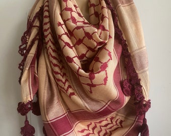 Square Scarf with Hand Crochet Lace Flowers -Beige /Salmon and Burgundy Keffiyeh  scarf- Military scarf -