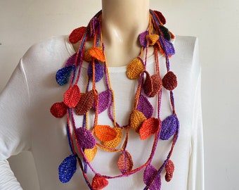 Leaves Necklace Scarf-Vivid Multicolor Scarf- Vines and leaves garland with glitter -Romantic nature jewelry- Art to wear Floral jewelry