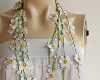 White Daisy Necklace-Crochet Necklace-Turkish Oya necklace-Lariat Necklace - Flower Necklace