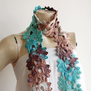 Lace Crochet Scarf-Rainbow Neckwarmer-Spring Cotton Scarf-Mint,Turquoise,Brown ,Latte Scarf-Queen Anne Scarf