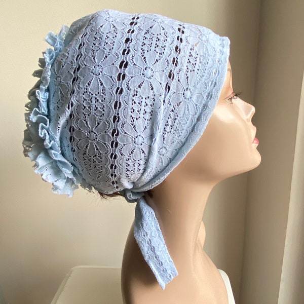 Tie back Volumizer underscarf cap- Women Hijab Inner Cap- Bohemian Lace Turban -Volumising Scrunchie Bonnet-Baby sky  blue