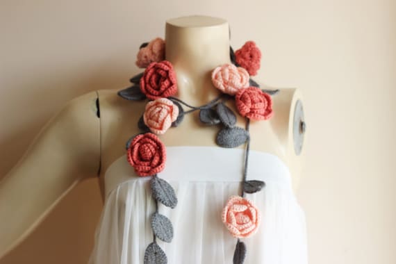 Rose Crochet Scarf-Charcoal Grey Leaves with Salmon Roses-Lariat Necklace - Christmas Gift For Her Girlfriend Wife Mother