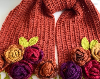 Autumn color long scarf with roses and leaves- 3D flowers neckwarmer- Winter Wool Scarf Colorful Unique- mustard -burnt orange- red - purple
