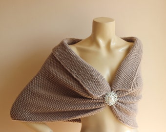 Taupe  Bridal Capelet / Wedding Wrap Shrug Bolero/Hand Knit  Shawl/  Cape with Pin or Bow/Everyday Cape- hand knit shawls and wraps