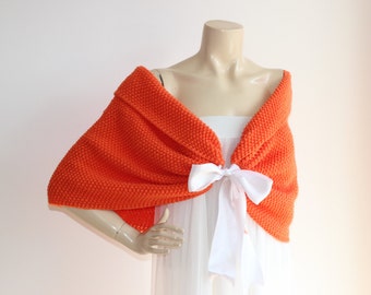 Orange Bridal Capelet / Orange Wedding Wrap Shrug Bolero/Hand Knit  Shawl/ Scarf -Orange Shoulder Cover -Ready to ship-Vegan Scarf