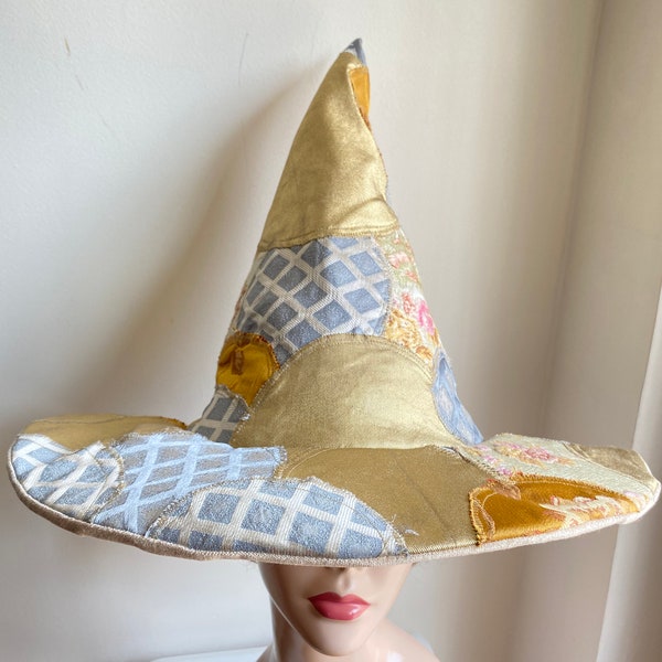 Gold Patchwork Pastel Witch  Women- Halloween Witch hat man- Cotton cosplay- witchy accessories- pointy cap- sage green hat 2XL size
