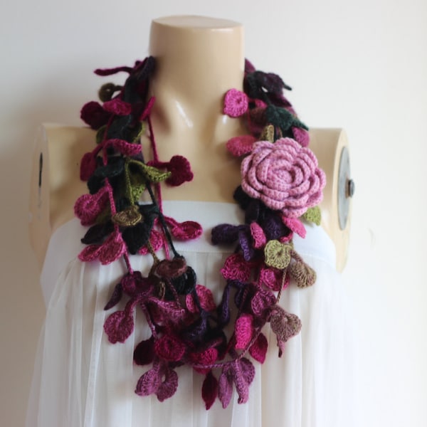 Leaf Crochet Scarf-Leaves  Necklace Scarf-Multicolor Lariat Scarf-Necklace Lariat Scarf-Pink, Purple,Green Scarf-Vegan Scarf-2 pieces- 85794