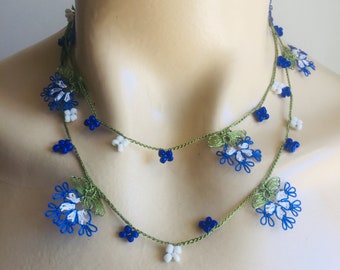 summer necklaces beaded -Turkish Oya- tiny dainty necklace- needle art jewelry- layered simple - flower jewelry gift for mom-Forget Me Not