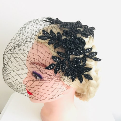 Black Veil Headband With Bow Black Fascinator Birdcage Veil Etsy