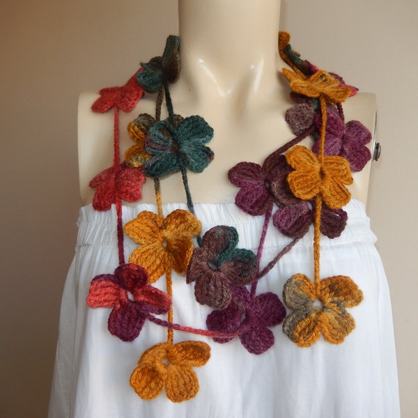 Flower Necklace Scarf-Multicolor Lariat Scarf-Necklace Lariat Scarf-Crochet Scarf-Autumn  Scarf