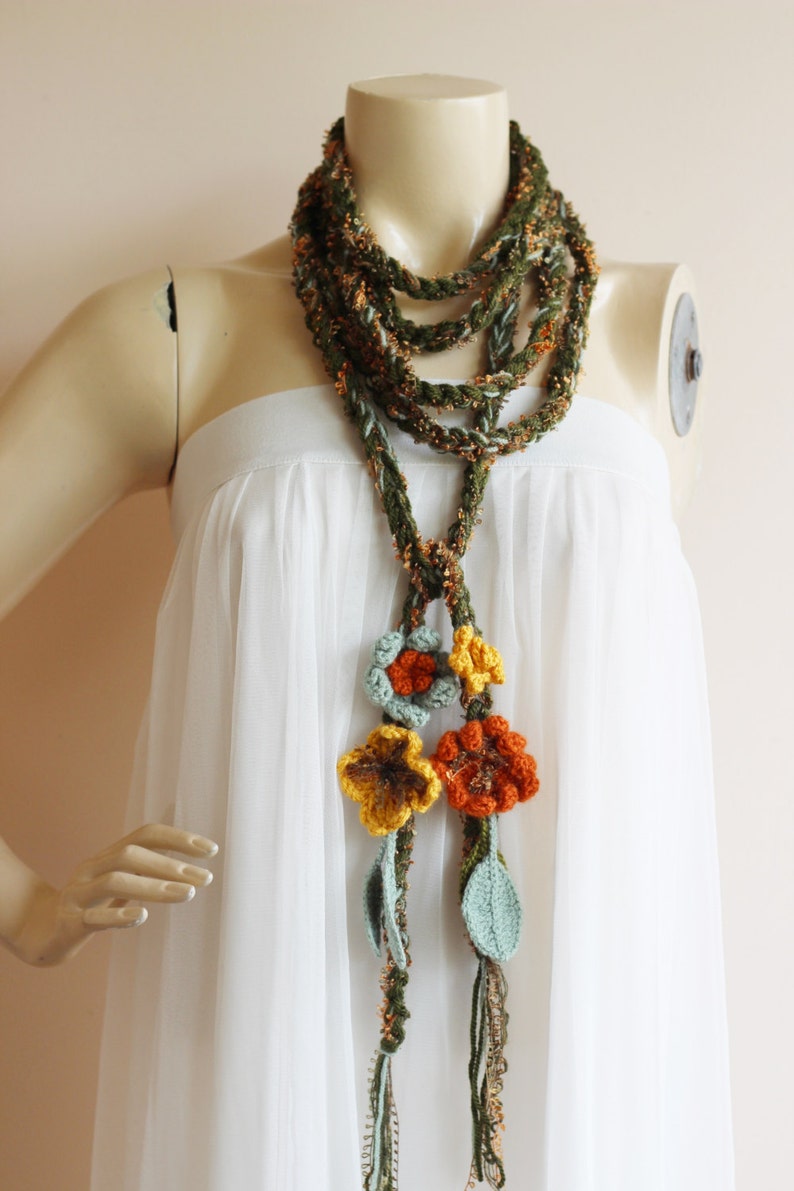 Green Crochet Scarf-Lariat Necklace Scarf Olive Green Mustard Orange Scarf-Flowers and Leaves Scarf-Hippie Scarf image 6