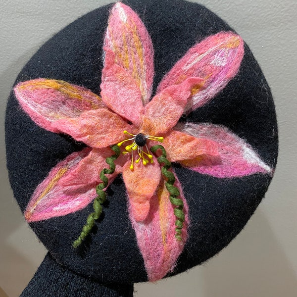 Black felt beret with 3D flower-Shades of pink flower not wool cap- winter hat- Christmas  gift hat-Needle Felted hat-French Painter Beret-