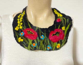 Poppy Bib Necklace- Felt Outfit -Neck Accessory- Woolen Boho Neck Gift- Black red yellow wild flower jewelry- wildflower-  birthday present