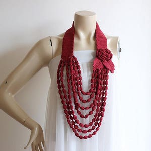 Burgundy Necklace- Rose Necklace Scarf- Bordeaux Jewelry- Crochet  Loop Scarf -Burgundy Bip Necklace- Cotton Summer Scarf- Claret Red Collar