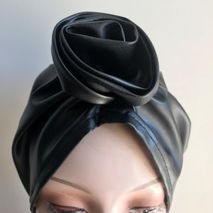 Black Leather Turban-Pretied Head Wrap -Faux Leather Flower turban hat- Hair Loss Cover- satin lined turban- Chemotherapy Gift- Alopecia