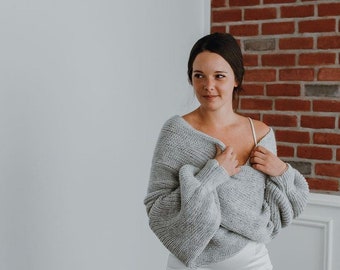 Warm jumper- Pullover  Blouse- wedding bridal wrap- Grey Loose Cardigan- Off Shoulder Sweater-  minimalist boho clothing-