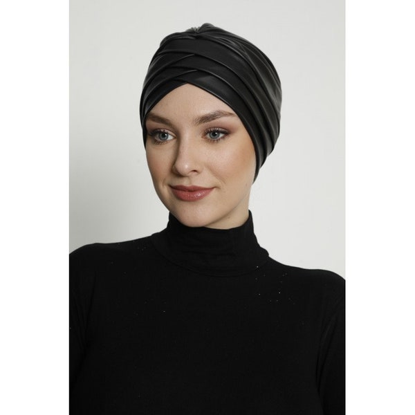 Schwarzer Leder Turban-Schwarzer Turban-Kreuz Turban-Kunstleder Turban- Lagen-gefütterter Hut-