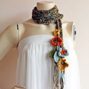 Green Crochet Scarf-Lariat Necklace Scarf Olive Green Mustard Orange Scarf-Flowers and Leaves Scarf-Hippie Scarf image 2