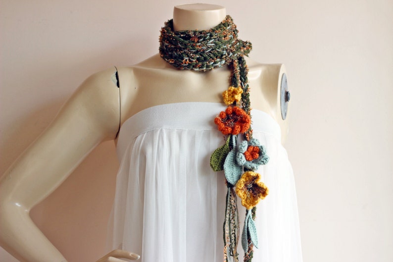 Green Crochet Scarf-Lariat Necklace Scarf Olive Green Mustard Orange Scarf-Flowers and Leaves Scarf-Hippie Scarf image 2