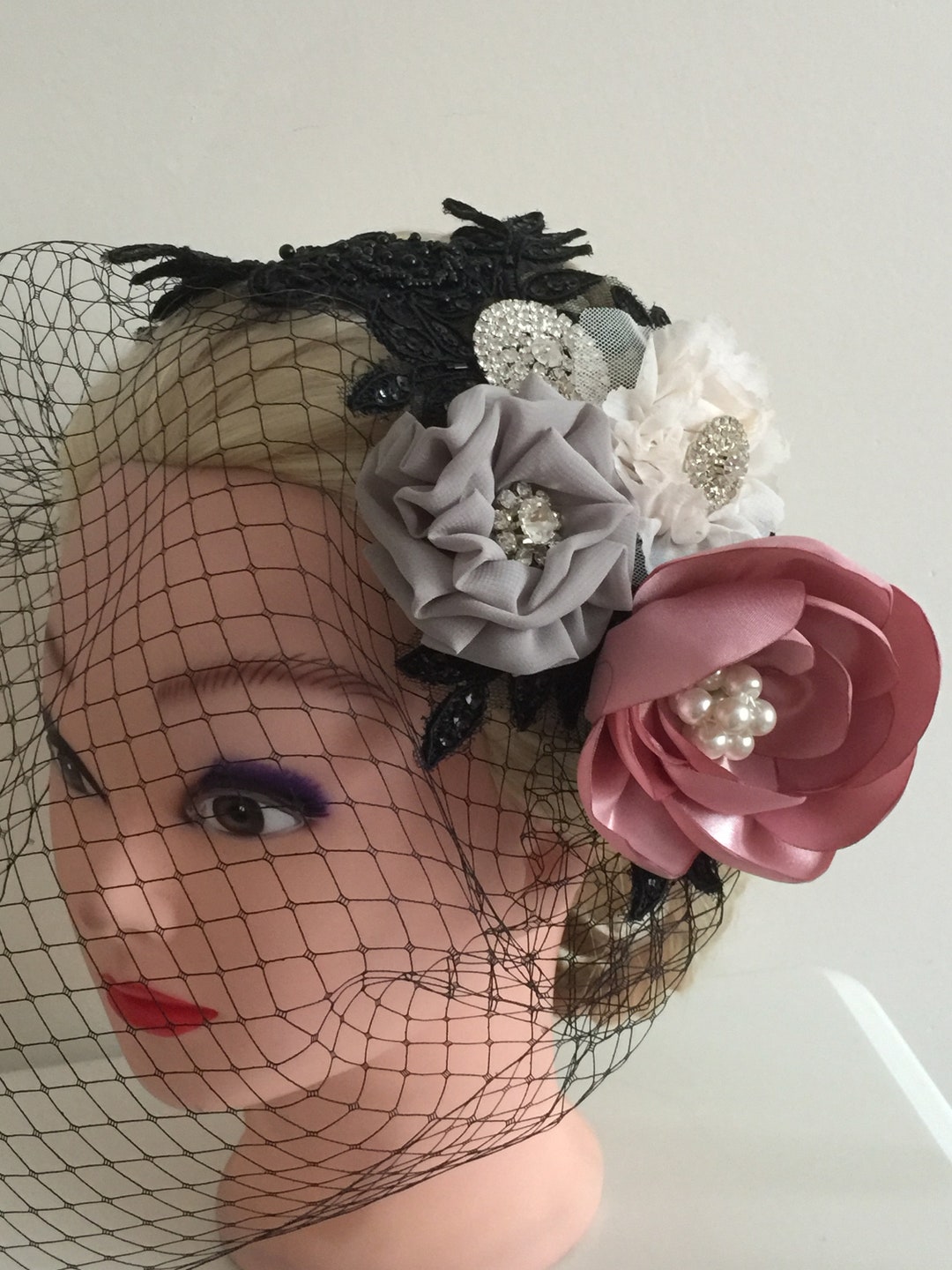 Ashro, Black, Floral, Fascinator, Birdcage Veil, Made In The USA, Polyester Black Birdcage Bridal Veil with Feather Fascinator main image 3
