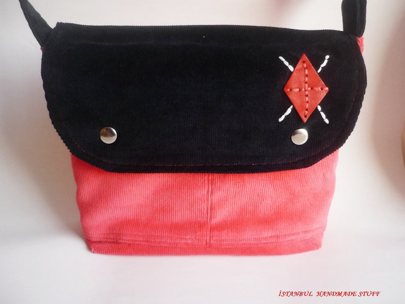 Mini Messenger Bag Navy and Coral Corduroy with Diamond Leather Adjustable Strap
