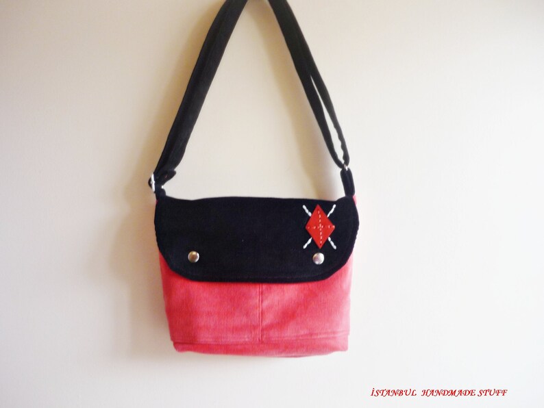 Mini Messenger Bag Navy and Coral Corduroy with Diamond Leather Adjustable Strap