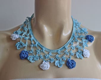Blue Rose Necklace-Beaded  Necklace-Crochet Necklace-Turkish Oya necklace